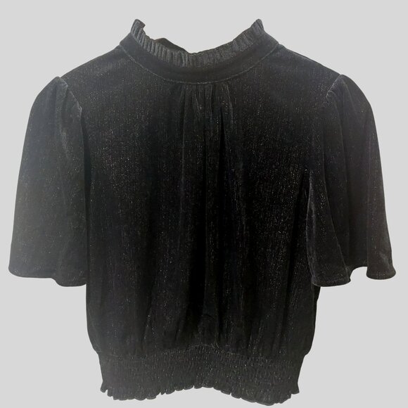 NWT Voy Black Sparkly Short-Sleeve Top W/ Bow Tie Back~Smocked Hem~SMALL - Picture 8 of 9